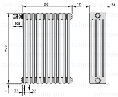 Схема (чертеж) Радиатор Zehnder Charleston 5250/11 №V001 Белый глянцевый RAL 9016